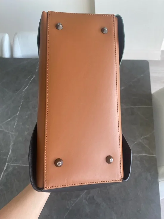 Genuine Leather Colorblock Trapezoid Tote Bag in Black, Olive & Tan. BRAND NEW. - Picture 4 of 5